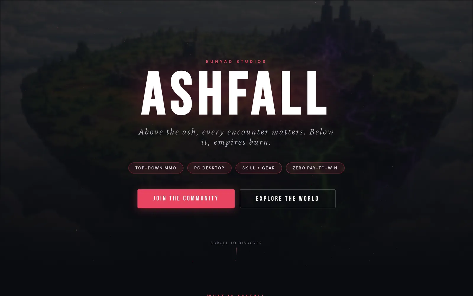 Ashfall title screen above the floating islands