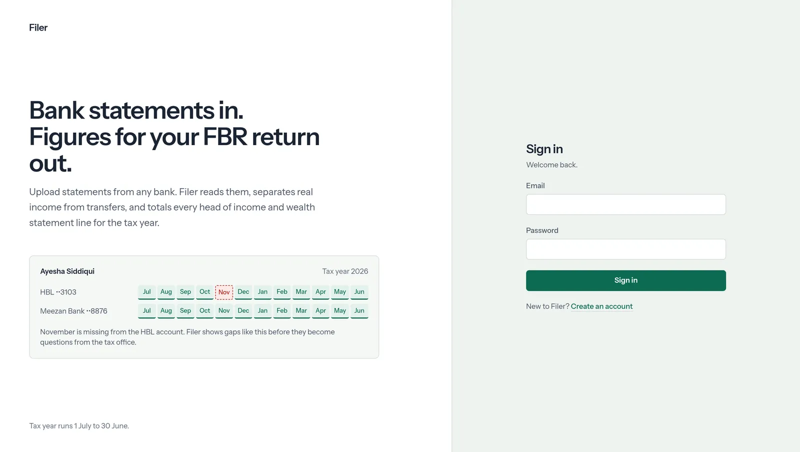 Filer sign-in page with a month-by-month statement grid showing November missing