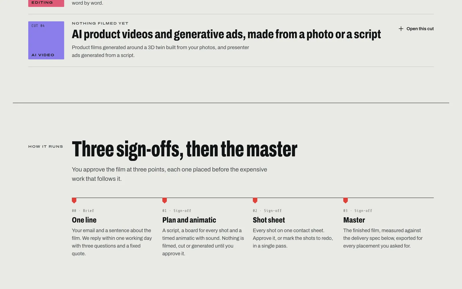 Bunyad Studio section on AI product video and the three sign-offs